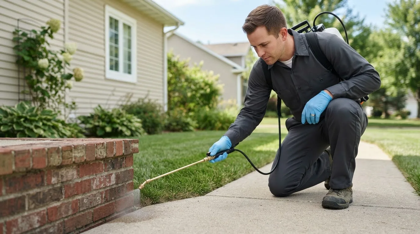 Pest control technician treating a home near Floresville, TX