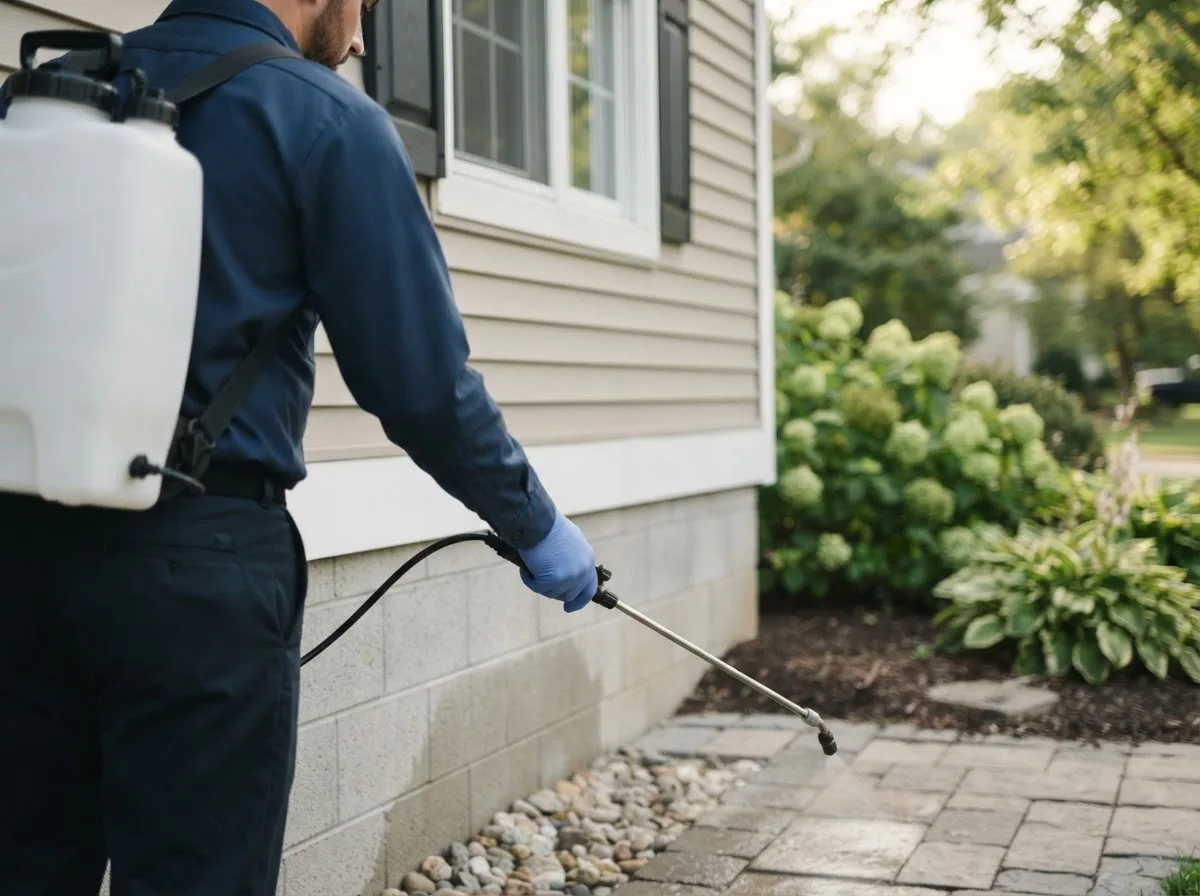 Pest control technician inspecting a home in Floresville, TX